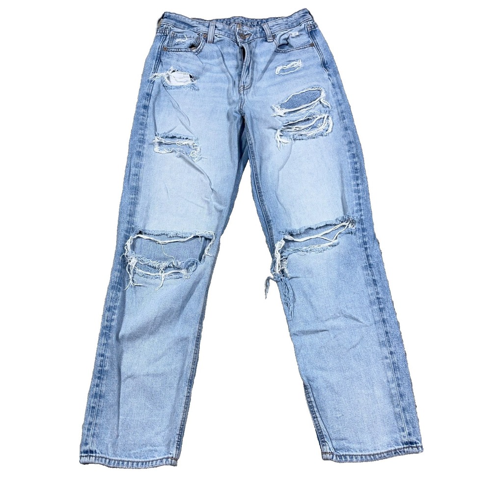 American Eagle Mom Jeans Women 8 Long High Rise Light Wash Distressed 28x28